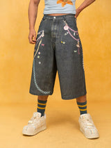 Unisex Blue Chain Print Cropped Jeans