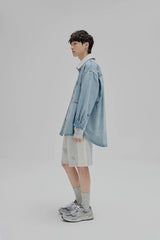 14Oz Washed Denim Asymmetric-Pocket Shirt Jacket