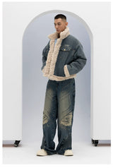 Unisex Vintage Faux Shearling Denim Puffer
