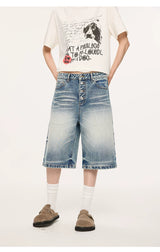 Whisker Wash Button Denim Shorts