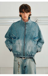 Men's Washed Denim Stand Collar Jacket