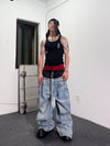 Double Waistband Drawstring Washed Blue Jeans