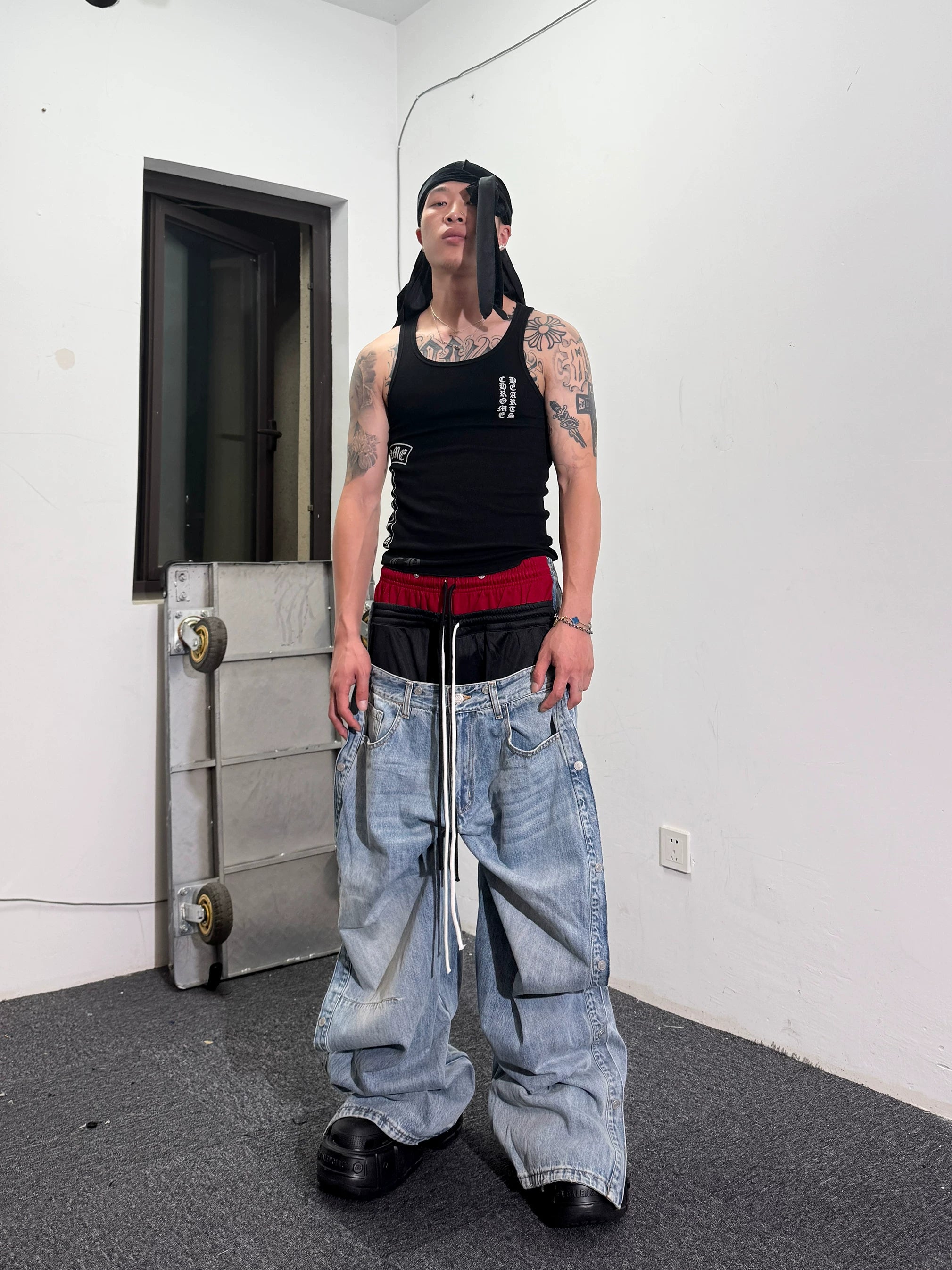 Double Waistband Drawstring Washed Blue Jeans