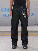 Double Zip Leather Patch Flared Jeans