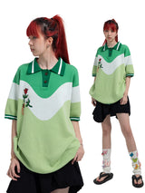 Y2K Women's Floral-Embroidered Knit Polo Shirt
