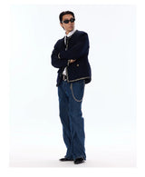 Wool Blend Navy Blue Tweed Coat