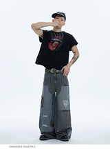 Distressed Striped Patchwork Baggy Work Pants