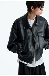 Vintage Faux Leather Multi-Pocket Cropped Jacket
