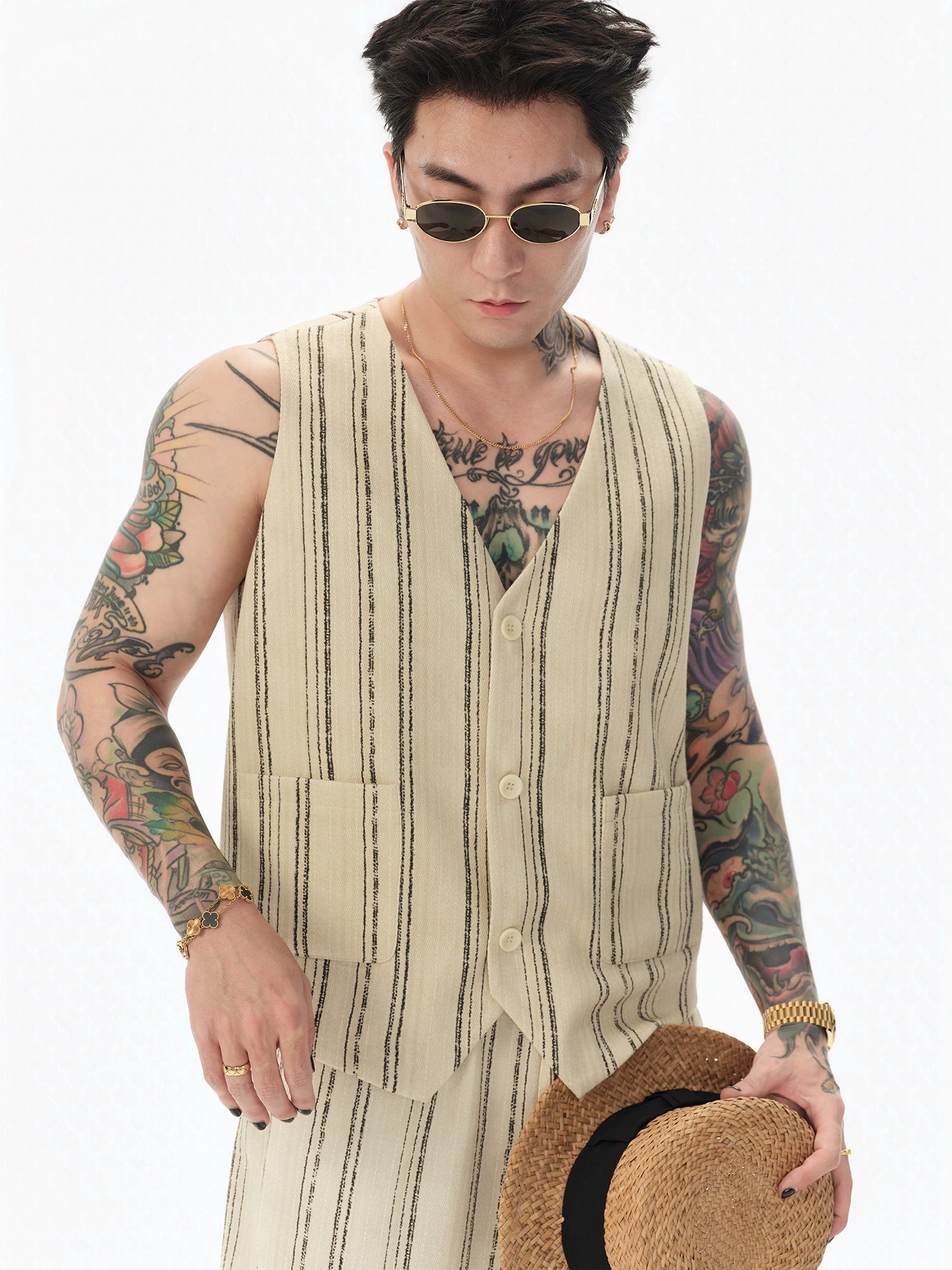 Distressed Vintage Striped Vest Pants Set