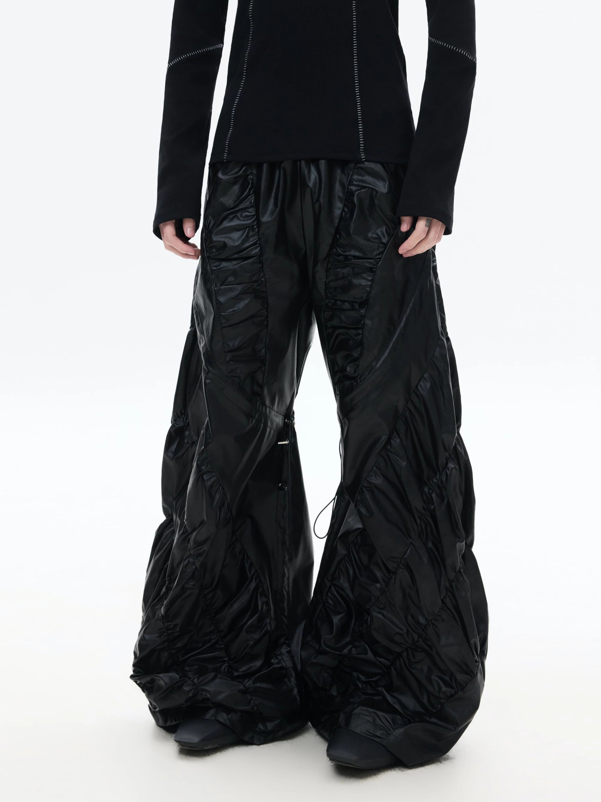 Dark Wrinkle Drawstring Wide Leg Pants