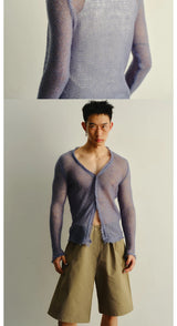 Frayed Slim Cutout Deep V-Neck Cardigan