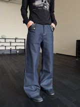 Navy Embossed PU Patchwork Flared Jeans