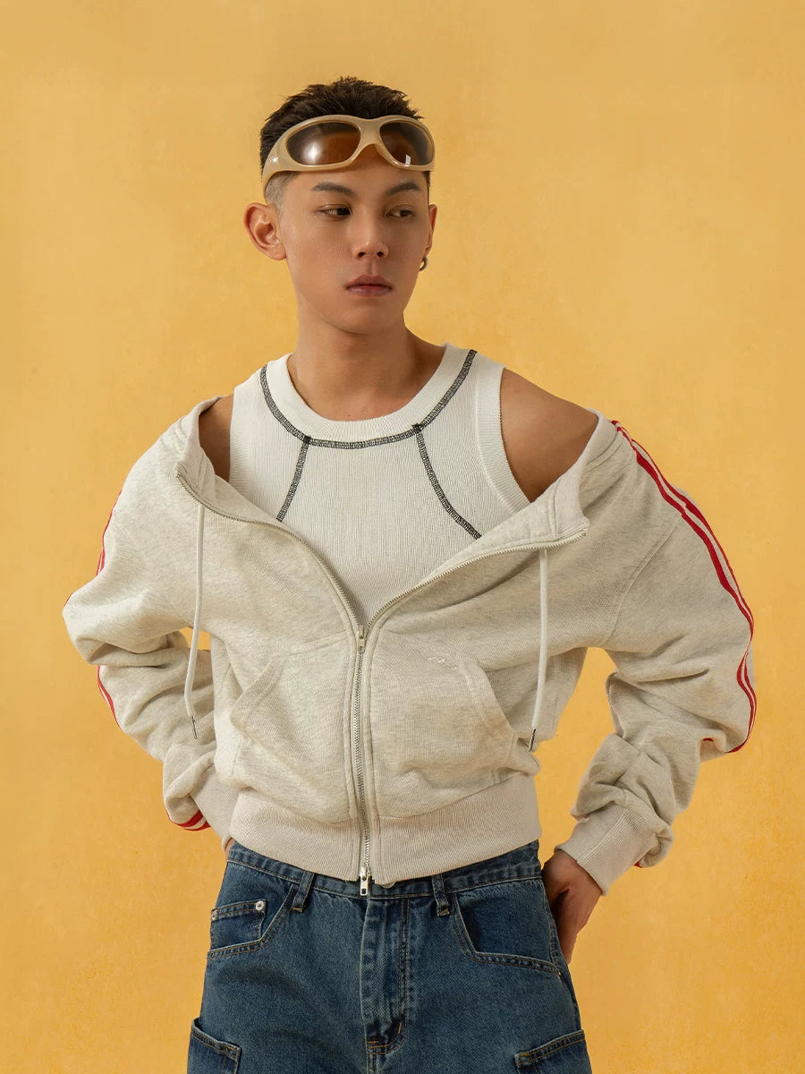 Heather Gray Striped Off-Shoulder Zip-Up Sweatshirt