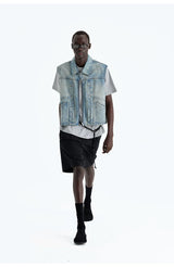 Heavy Distressed Denim Square-Collar Crop-Zip Vest