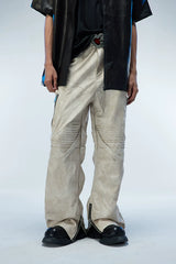 Men's Two-Tone Distressed Straight Leather Pants