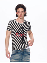 Letter Print Striped Short Sleeve Tees