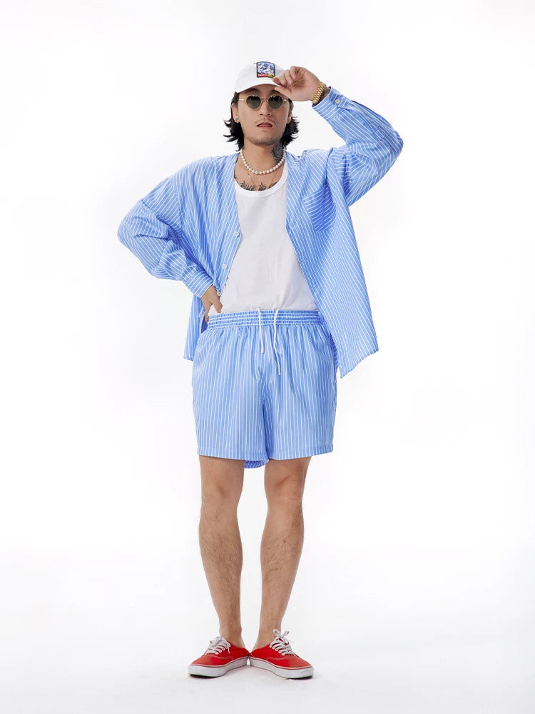 Men's Loose Striped Blue Drawstring Shorts