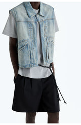Heavy Distressed Denim Square-Collar Crop-Zip Vest