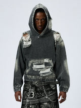 Washed Distressed Drop Shoulder Cropped Hoodie
