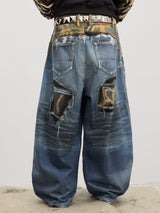Leopard Print Ripped Washed Baggy Jeans