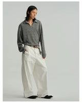 Pleated Distressed White Baggy Denim Jeans