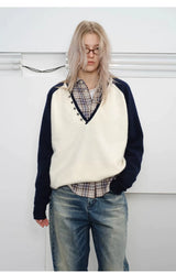 Men's Loose Colorblock V-neck Wool Sweater