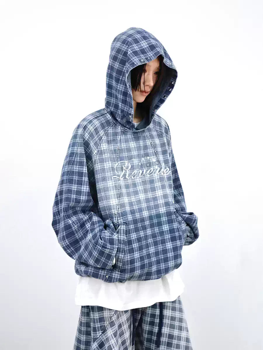 Gradient-Washed Plaid Stud Print Denim Hoodie