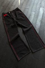 Men's Embroidered Flared Raw Denim Jeans