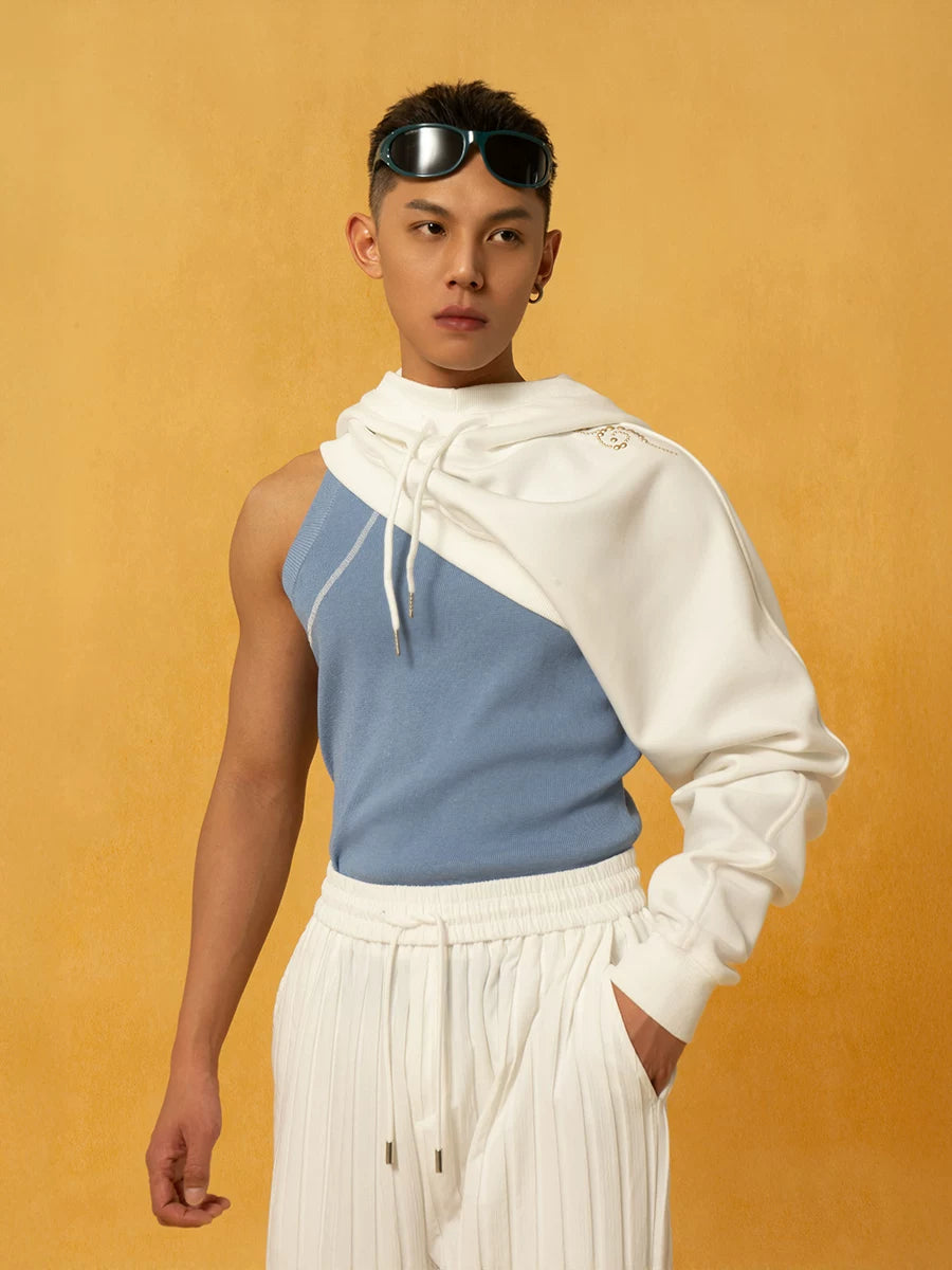 Off-White Single-sleeve Off-shoulder Loose Crop Hoodie