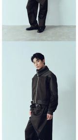 Army Green Ribbed Zip Lapel Jacket