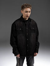 Washed Distressed Patchwork Denim Shirt Jacket