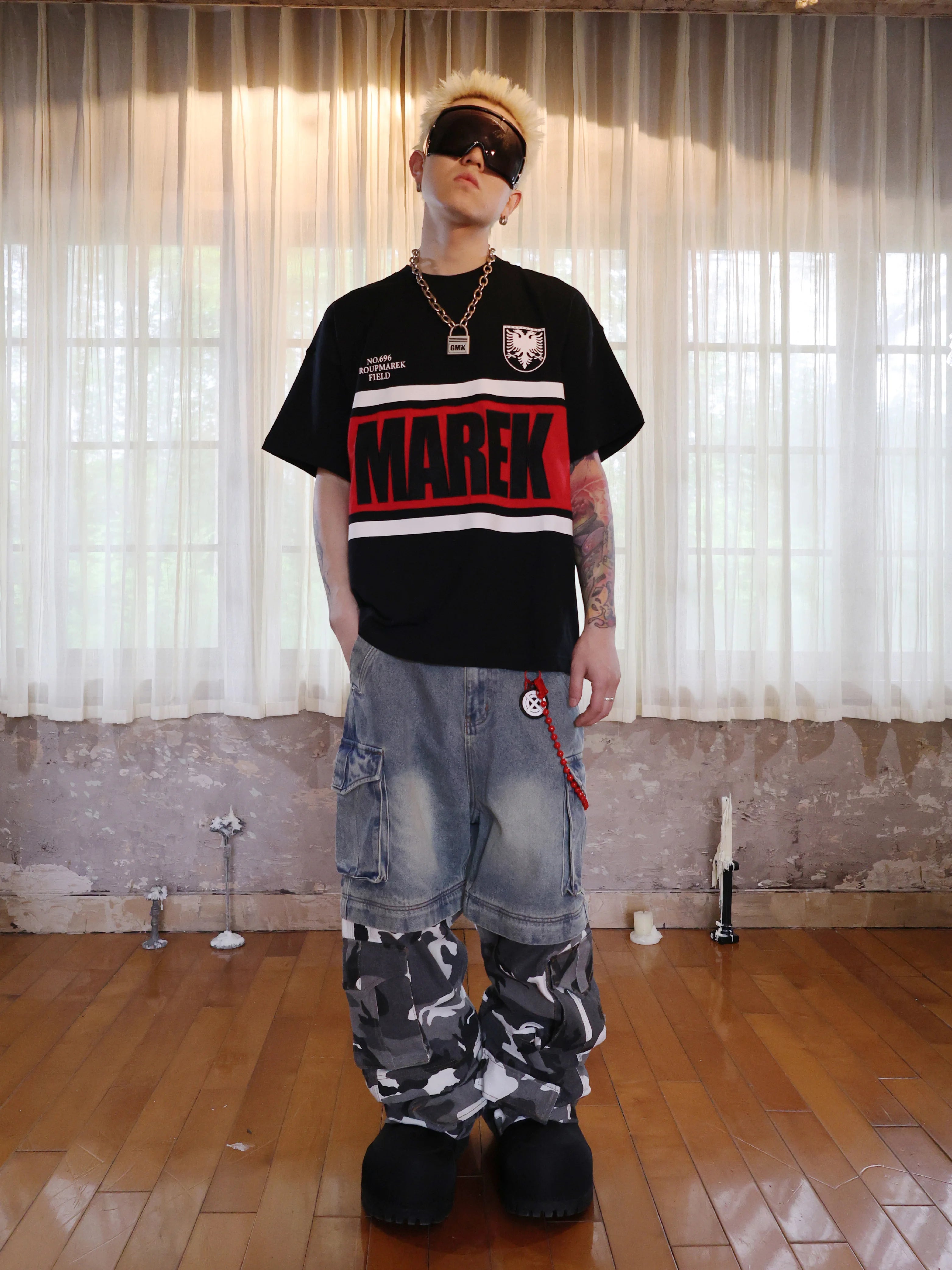 Black White Red Striped Embroidered Tee