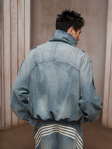 Short Wide Washed Distressed Denim Jacket