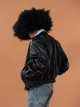 Black Shirt-Collared Faux Leather Moto Jacket