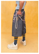 Unisex Blue Chain Print Cropped Jeans