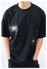 Unisex Black Loose Rhinestone Short-Sleeve Tee