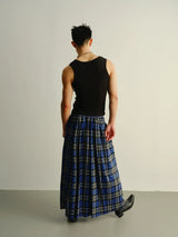Reversible Pleated Frayed Plaid Denim Skort