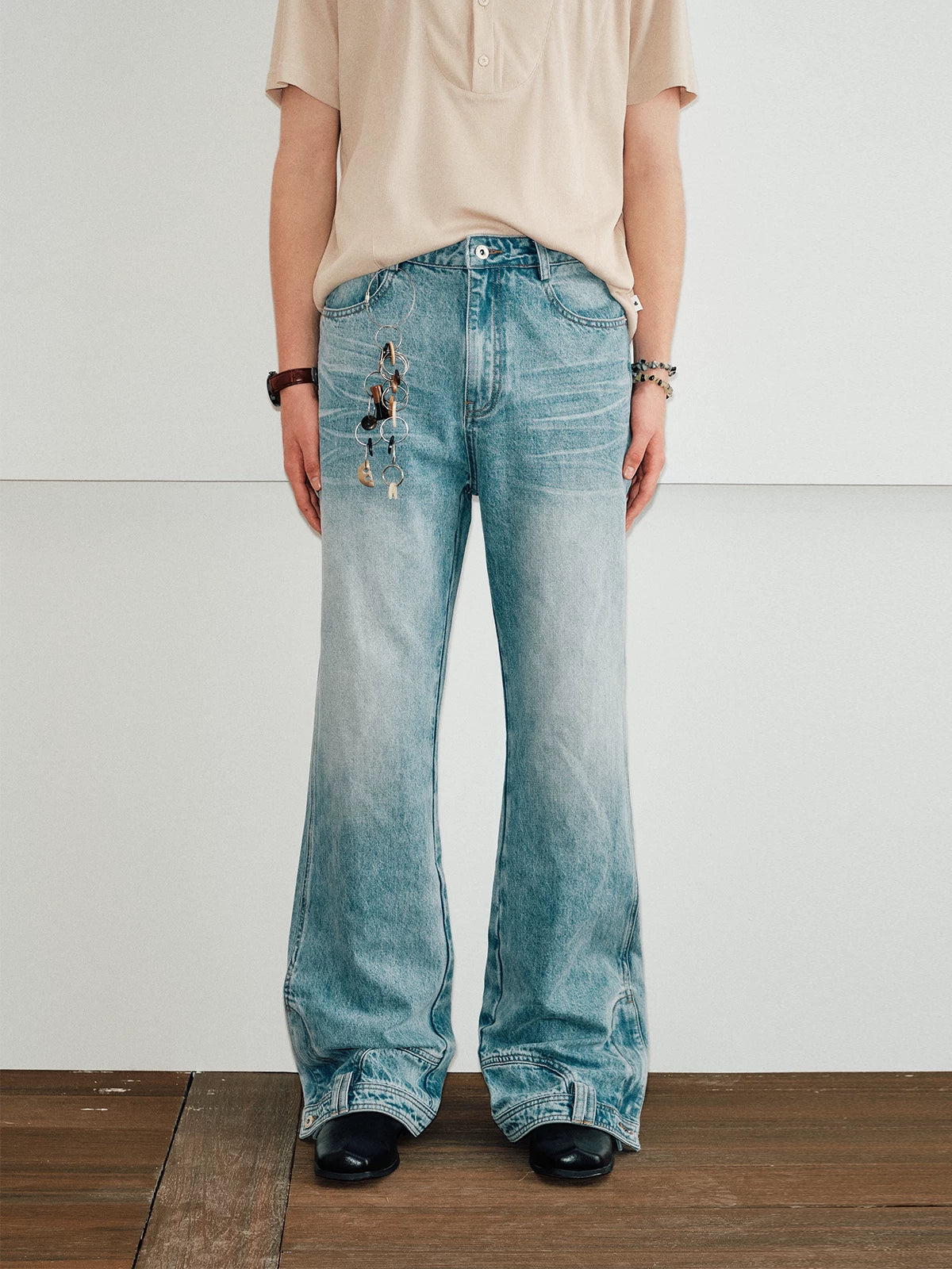 Men's Distressed Two-Way Zip Flared Jeans