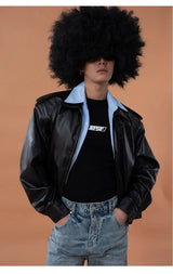 Black Shirt-Collared Faux Leather Moto Jacket