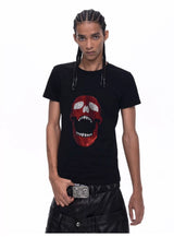 Demon Skull Rhinestone Print Crew Neck Tee