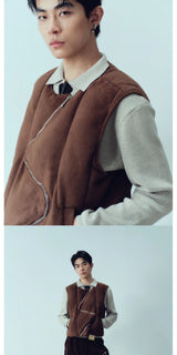 Retro Suede Bow Zipper Padded Vest