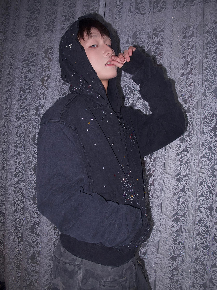 Distressed Rhinestone Zip Hoodie