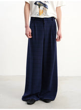 Blue-Black Plaid Pleated Casual Pants