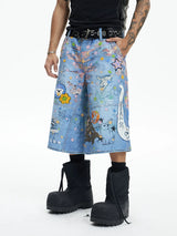 American Street Cartoon Printed Denim Shorts