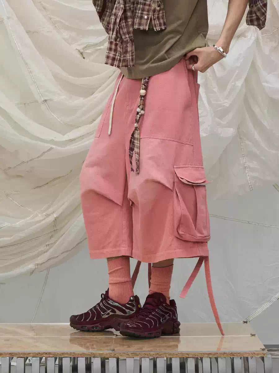 Oversized Adjustable Bow Pink-Washed Denim Shorts