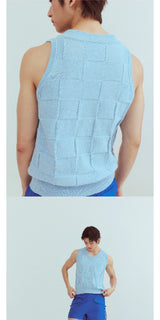 Blue Checkered Lace V-neck Cashmere Vest