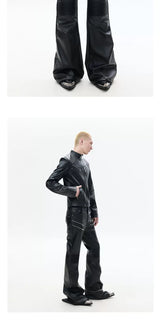 Black Zipped Coated Flared Leather Pants
