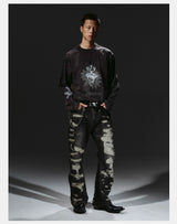 Heavyweight Distressed Embroidered Patchwork Flared Jeans