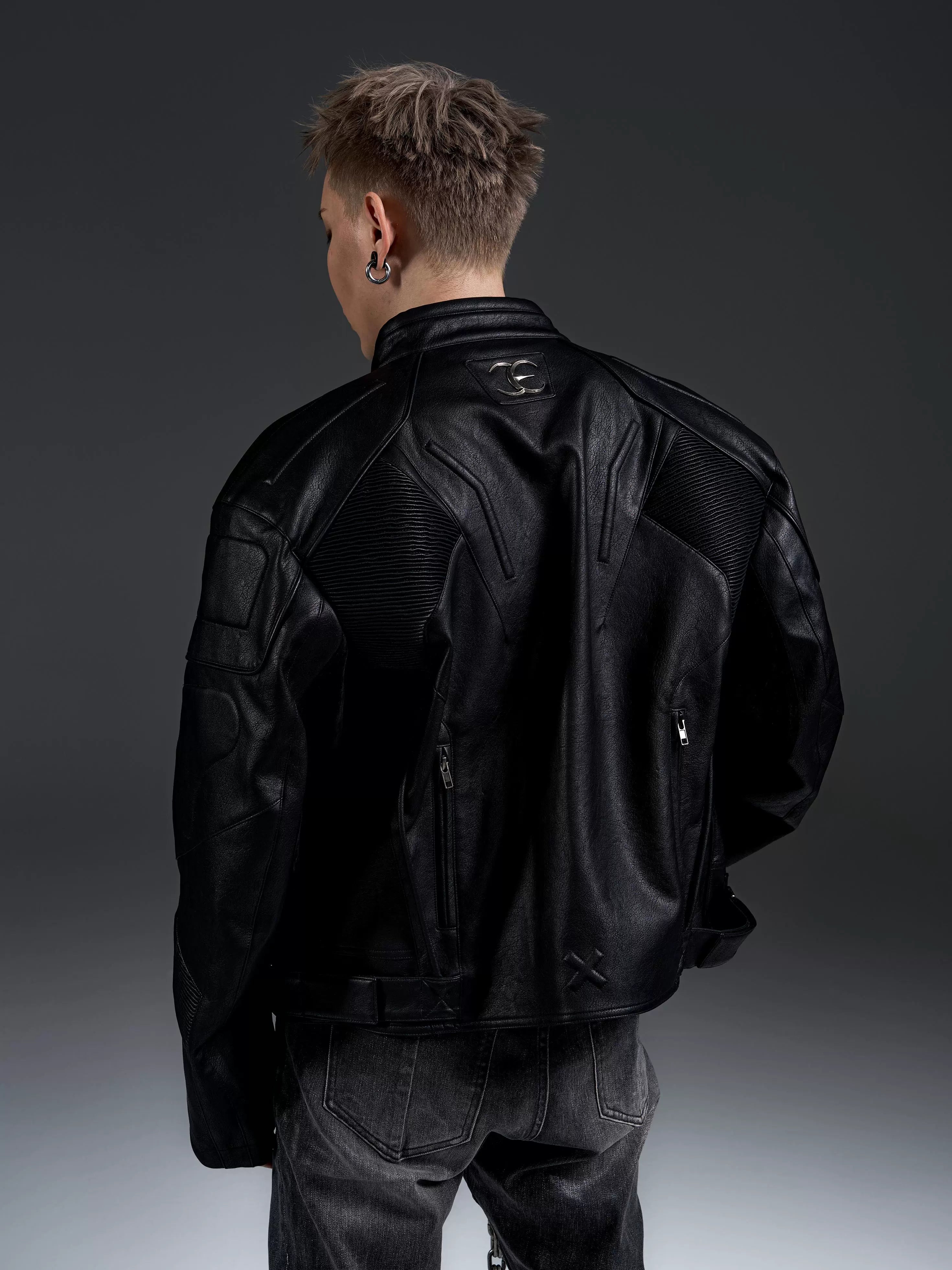 Dark Zip-Up Padded Biker Leather Jacket