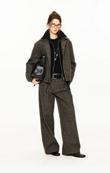 Wide Leg Pleated Wool Houndstooth Pants